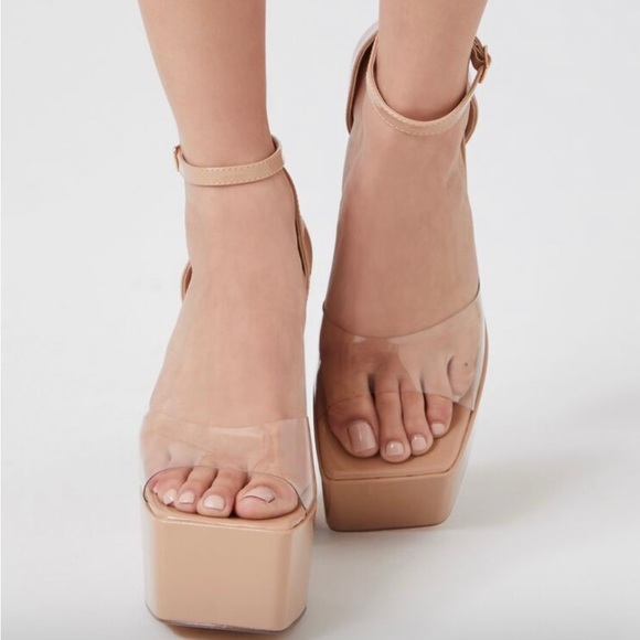 Clear Nude Platform Block Heels - Picture 2 of 10